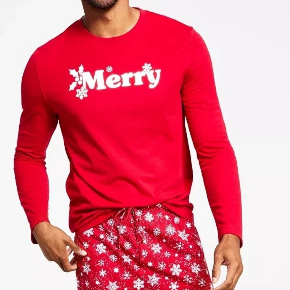 Family Pajamas Men's Knit Crew-Neck Pajama Top, Red Merry Christmas